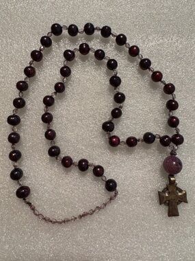 Rustic Cross Necklace with Eggplant Colored Pearls